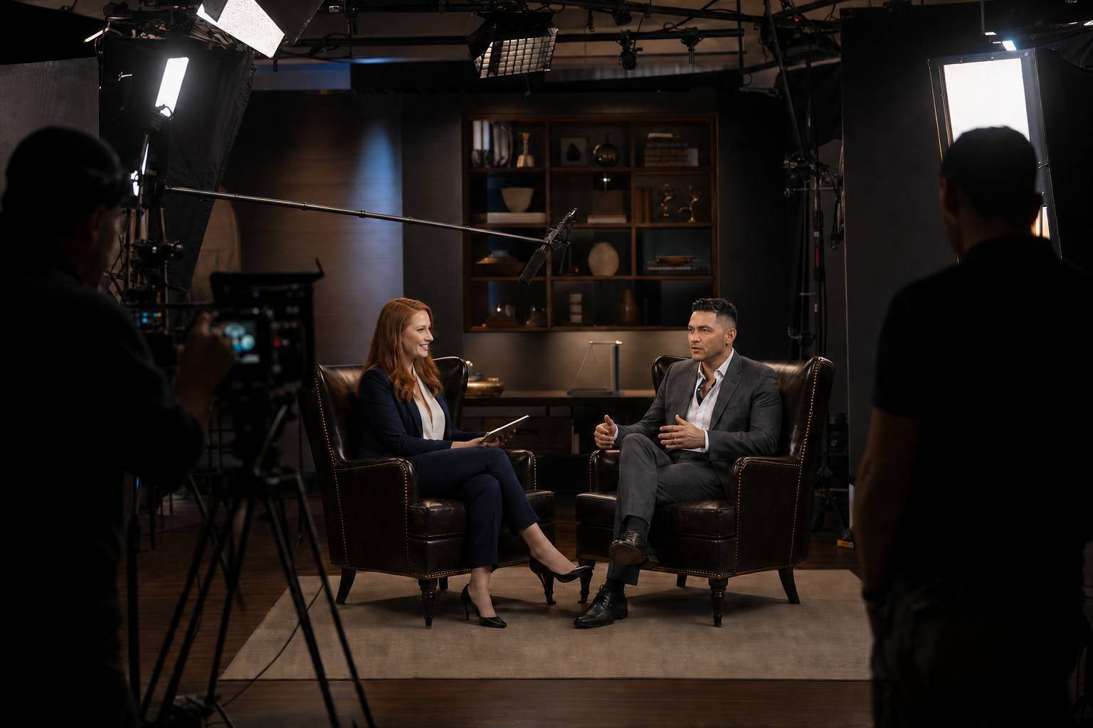 Editorial visualization of Amanda B interviewing Kendrick Kirk on a studio set